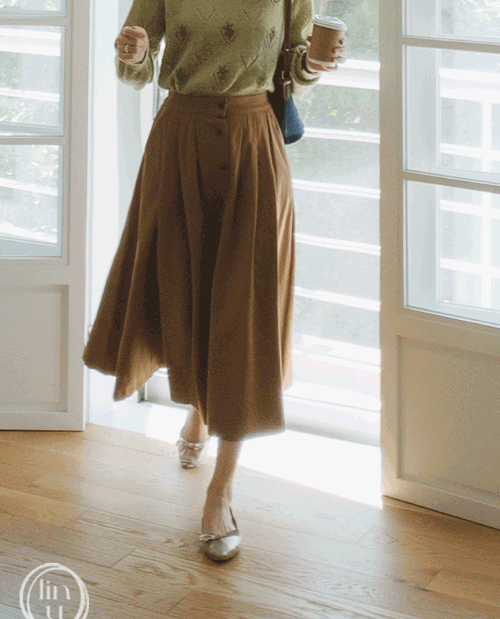 leelin-[루이스 핀턱 버튼 플레어 스커트[size:F(55~66)]]♡韓國女裝裙